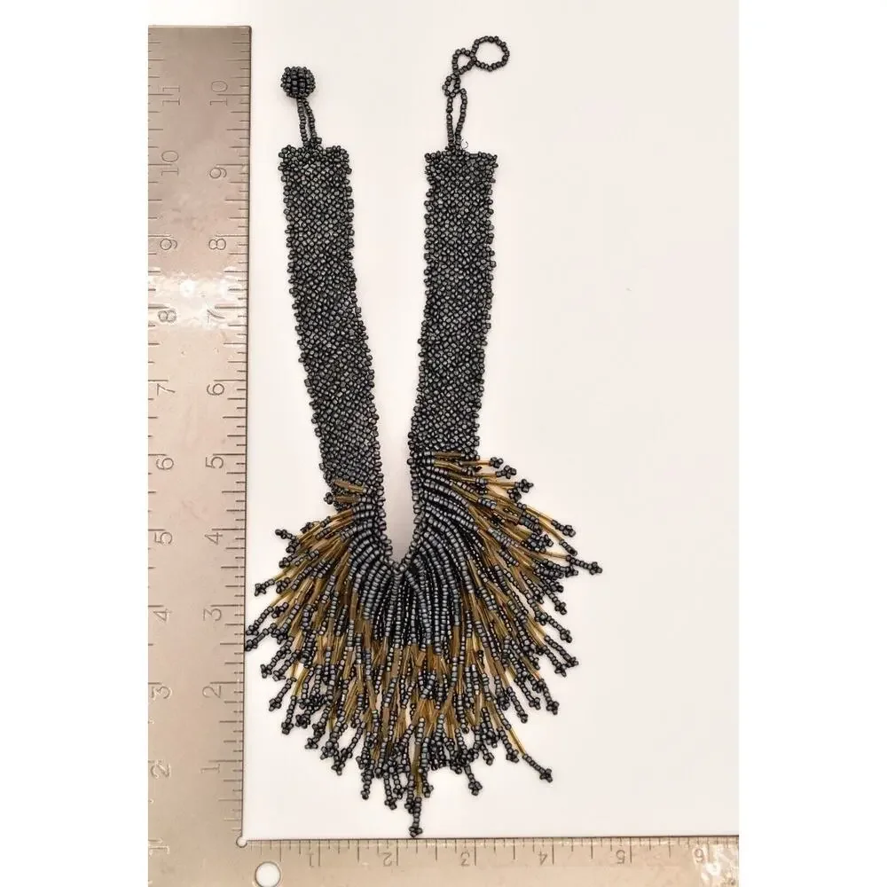Vintage Statement Choker Necklace Fringe Bib Collar Beaded Gray Chunky 90s BinBE